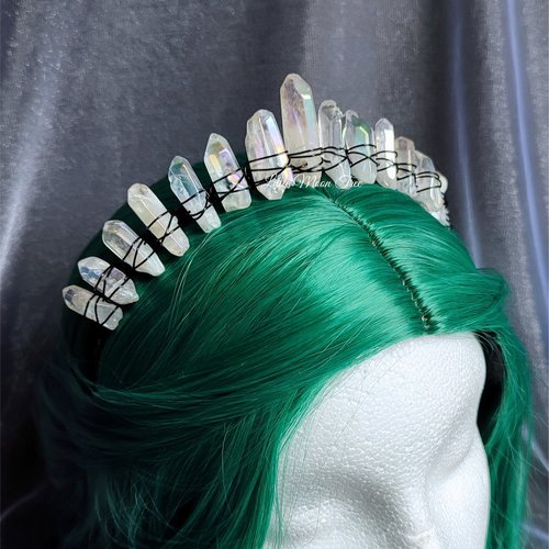 Angel dust crown with angel aura quartz and black headband.