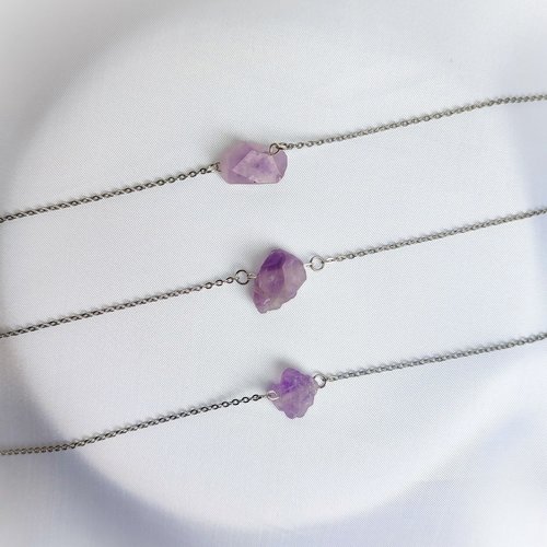 Raw amethyst cluster choker-style necklace with chain.
