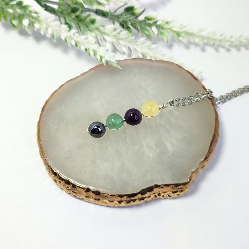 Sobriety gemstone pendant with citrine, amethyst, fluorite, hematite and chain or cord.