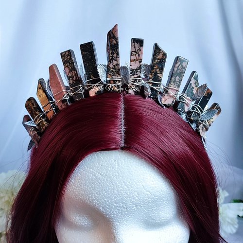 Freyja Crown with rhodonite wire wrapped onto a headband and silver leaves.