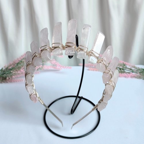 Aphrodite crystal crown with rose quartz wire wrapped onto a silver headband.