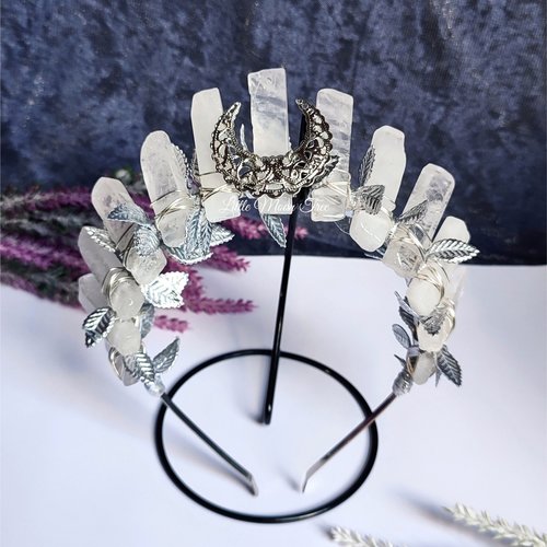 Arwen Crown featuring quartz wire wrapped onto a headband with filigree moon and silver leaf ribbon.