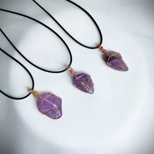 Amethyst wire wrapped pendant in gold, rose gold or copper.