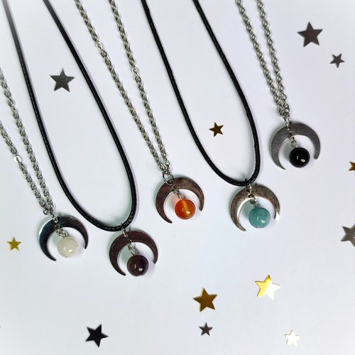 Silver moon pendant with gemstone beads.