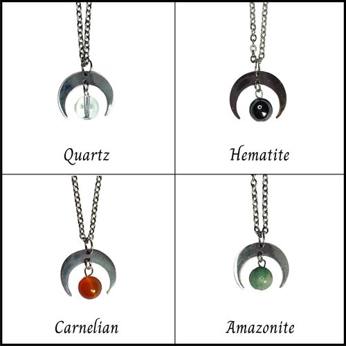 Silver moon pendant with gemstone beads.