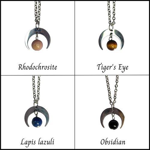 Silver moon pendant with gemstone beads.