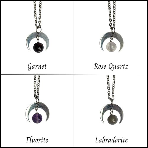 Silver moon pendant with gemstone beads.