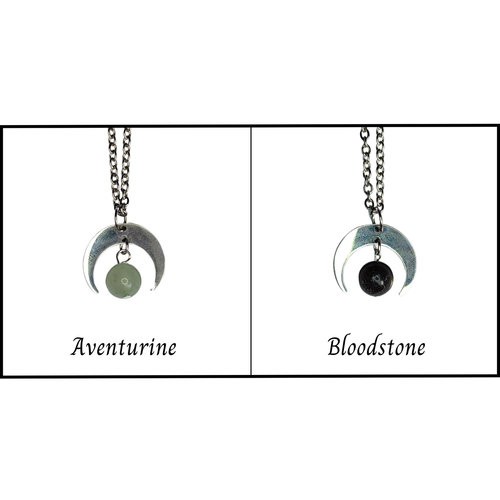 Silver moon pendant with gemstone beads.