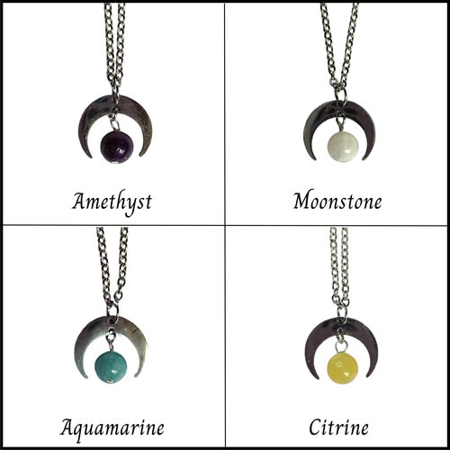 Silver moon pendant with gemstone beads.