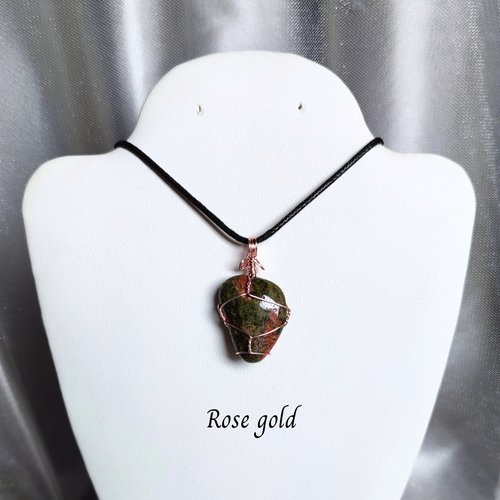 Unakite wire wrapped pendant in silver, gold or rose gold.