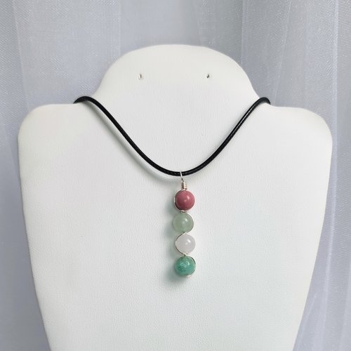Gemstone beaded pendant with rhodochrosite, green aventurine, rose quartz and amazonite.