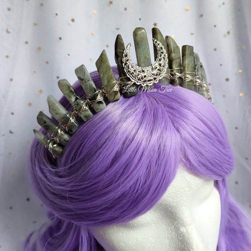 Moonshine Crown featuring labradorite wire wrapped onto a headband with a silver moon.