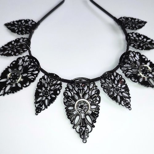Luna Halo Crown with black filigree teardrops and silver moons.