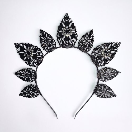 Luna Halo Crown with black filigree teardrops and silver moons.