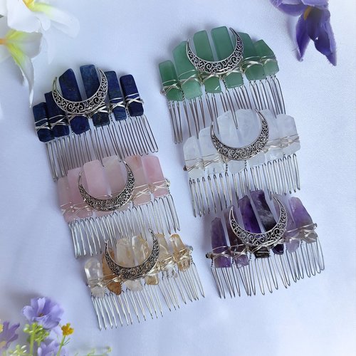 Crystal combs with moon in various styles.