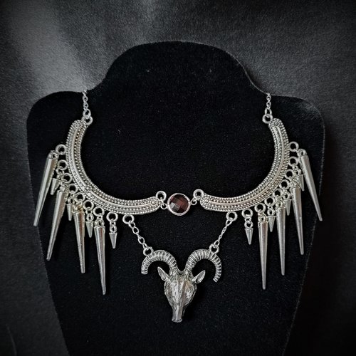 Silver Baphomet bib necklace with spikes.