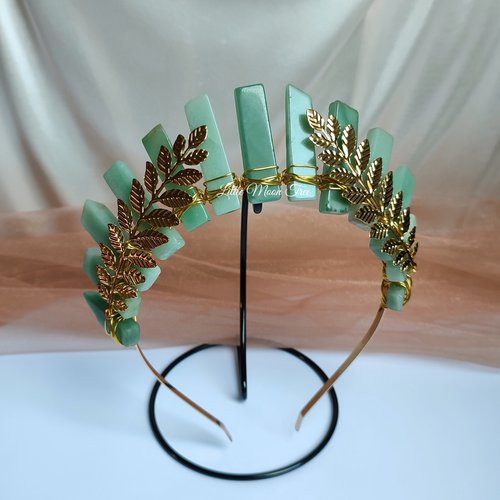 Hera Crown with green aventurine and gold laurel leaves.