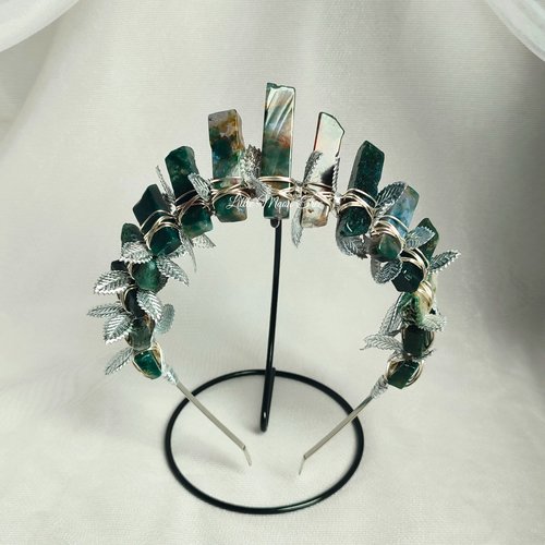 Mother Earth crystal crown with moss agate and leaves in gold or silver.