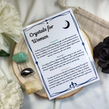 Crystal set for female empowerment with amazonite, hematite, moonstone and information card.