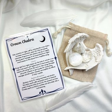 Crown chakra crystal set with rainbow moonstone, selenite, clear quartz and information card.