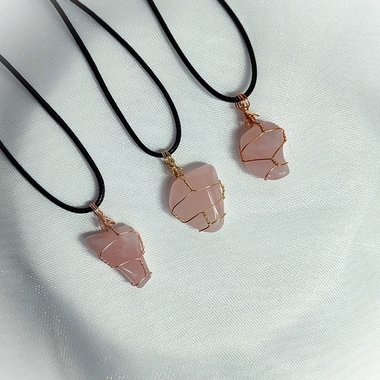 Rose quartz wire wrapped pendant in gold, rose gold or copper.