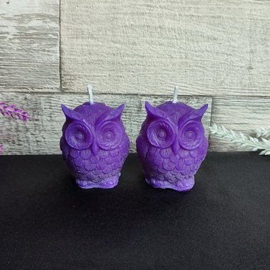 Purple owl candle made from natural solid beeswax.