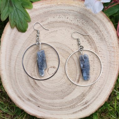 Kyanite earrings wire wrapped onto silver hoops.