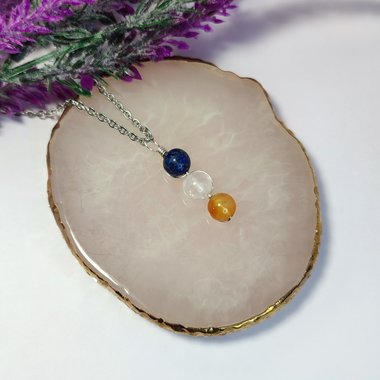 Friendship gemstone pendant with lapis lazuli, rose quartz and carnelian with chain or cord.