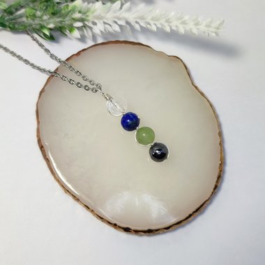 Study and exams gemstone pendant with quartz, lapis lazuli, fluorite and hematite with chain or cord.