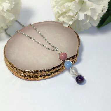 Necklace for grief with rhodochrosite, angelite, rose quartz and amethyst with chain or cord.