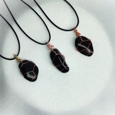Obsidian wire wrapped pendant in gold, rose gold or copper.