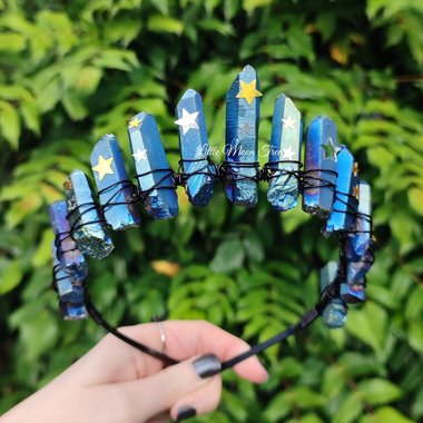 Celestia crown with blue titanium quartz and star seqins.