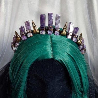 Amethyst Raven Crown with chevron amethyst and raven skulls in bronze or silver.