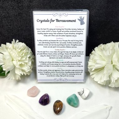 Crystal set for grief and bereavement with rose quartz, amethyst, smokey quartz, amazonite, howlite and information card.