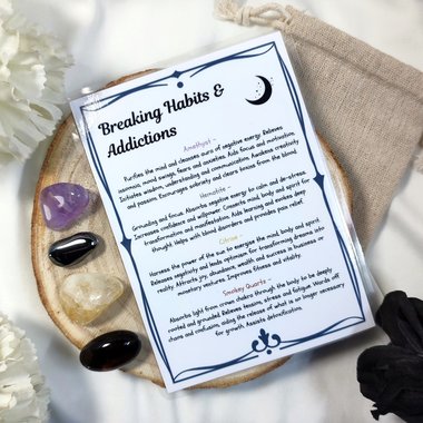 Crystal set for breaking bad habits, addiction and recovery with amethyst, hematite, smokey quartz, citrine and information card.