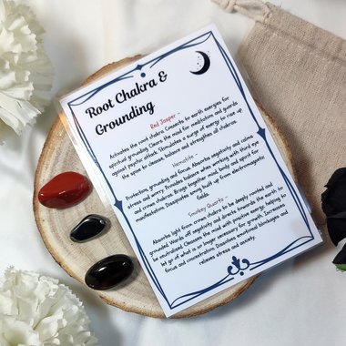 Crystal set for the root chakra with red jasper, hematite, smokey quartz and information card.