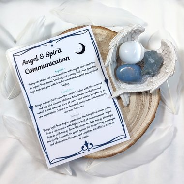 Angel and spirit communication crystal set with angelite, celestite, selenite and information card.