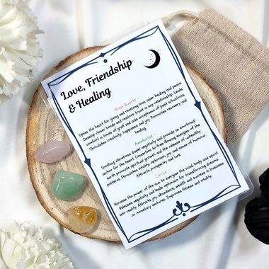Crystal set for love, friendship and healing with rose quartz, aventurine, citrine and information card.
