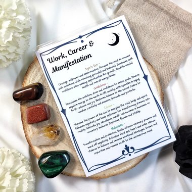 Crystal set for work, career and abundance with tiger's eye, malachite, goldstone, citrine and information card.