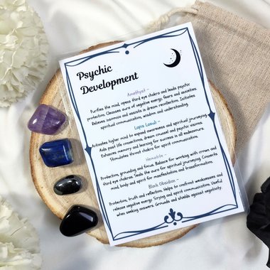 Psychic ability and development crystal set with amethyst, lapis lazuli, hematite, black obsidian and information card.