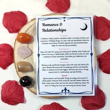 Crystal set for romance and relationships with carnelian, rose quartz, moonstone, garnet and information card.