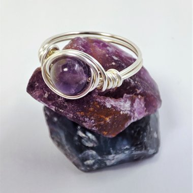 Amethyst wire wrapped ring in silver or copper.
