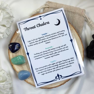 Crystal set for throat chakra with sodalite, amazonite, angelite and information card.