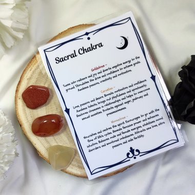 Sacral chakra crystal set with goldstone, carnelian, moonstone and information card.