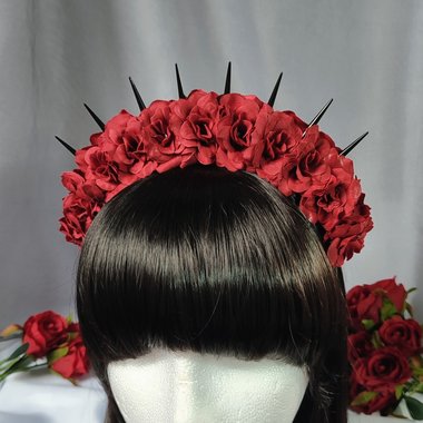 Bella Rose headband with red flowers and black spikes.