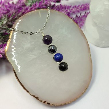 Psychic ability gemstone pendant with amethyst, hematite, lapis lazuli, obsidian.
