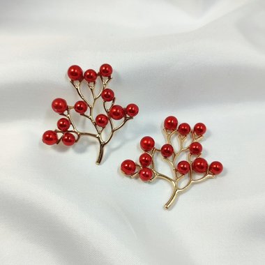 Gold branch charms with red faux pearl beads.