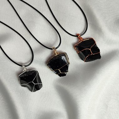 Chunky black obsidian wire wrapped pendant in silver, gold or copper.