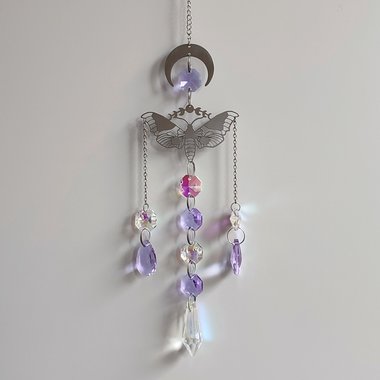 Suncatcher with silver moon, moth and purple and AB glass crystals.