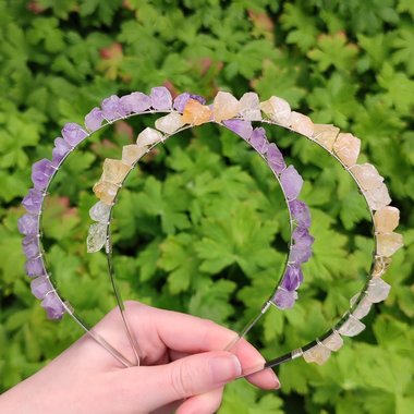 Raw amethyst and citrine headbands wire wrapped onto a silver headband.